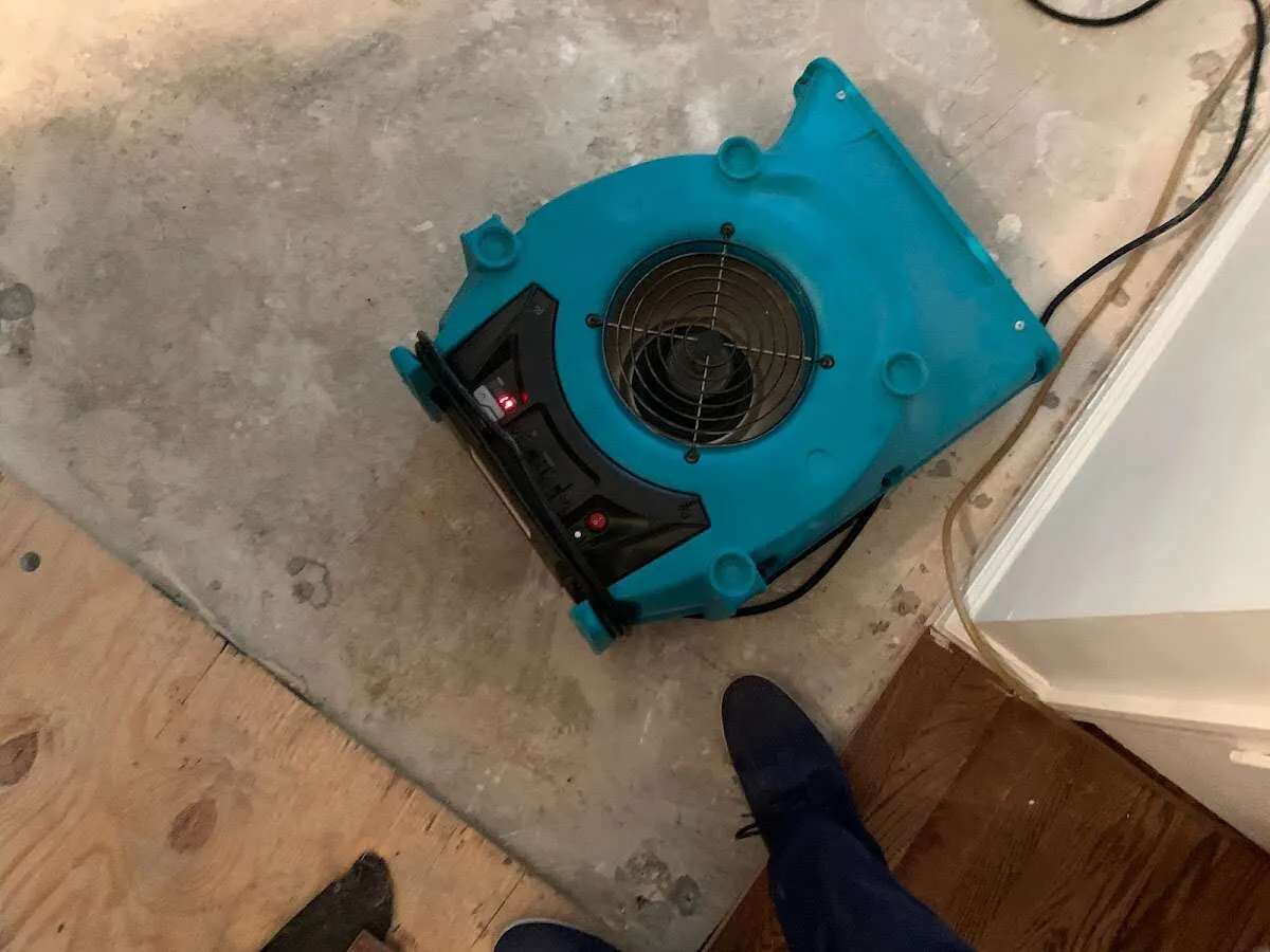 Air mover drying subfloor during Commercial Water Damage Restoration in Merchantville